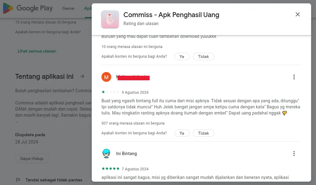 Review Commiss 2026, Penipuan atau Bukan? 4 review Commiss di Google Play Store